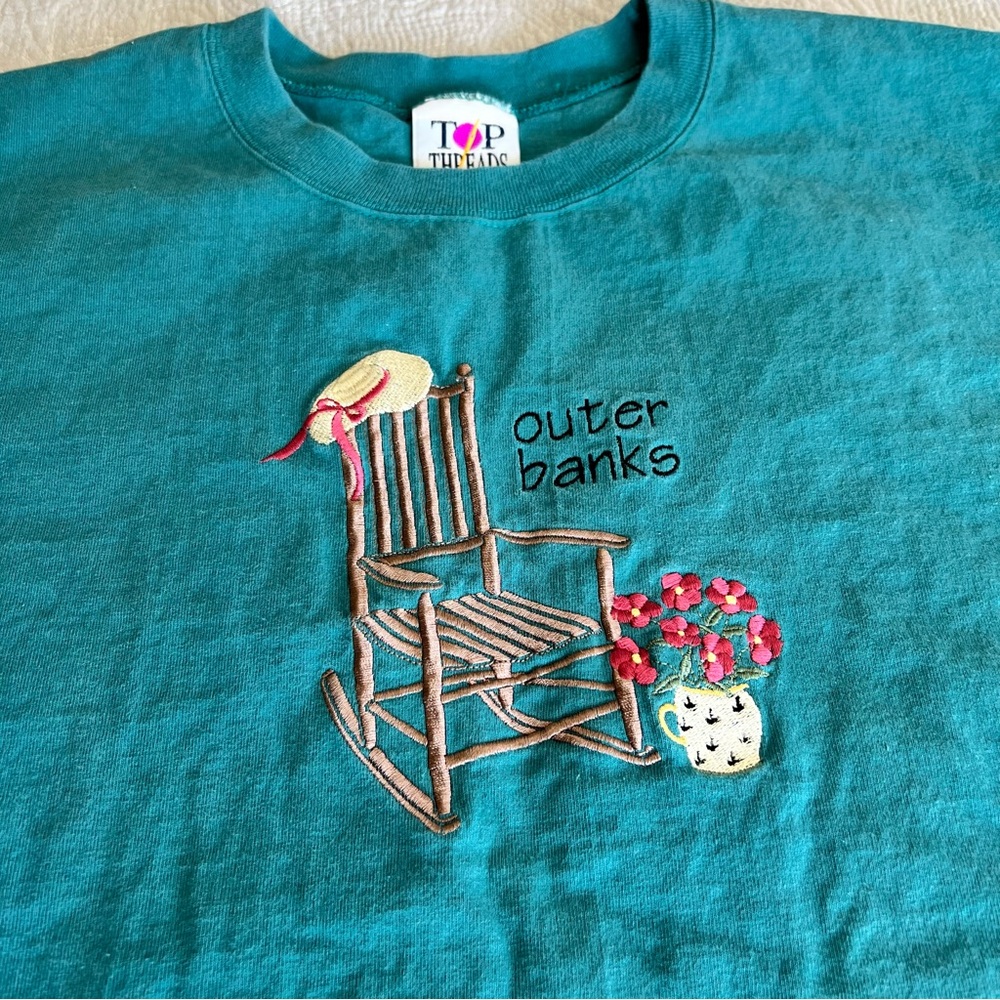 Vintage Outer Banks OBX NC T Shirt Womens L Large Top Threads Embroidered Green